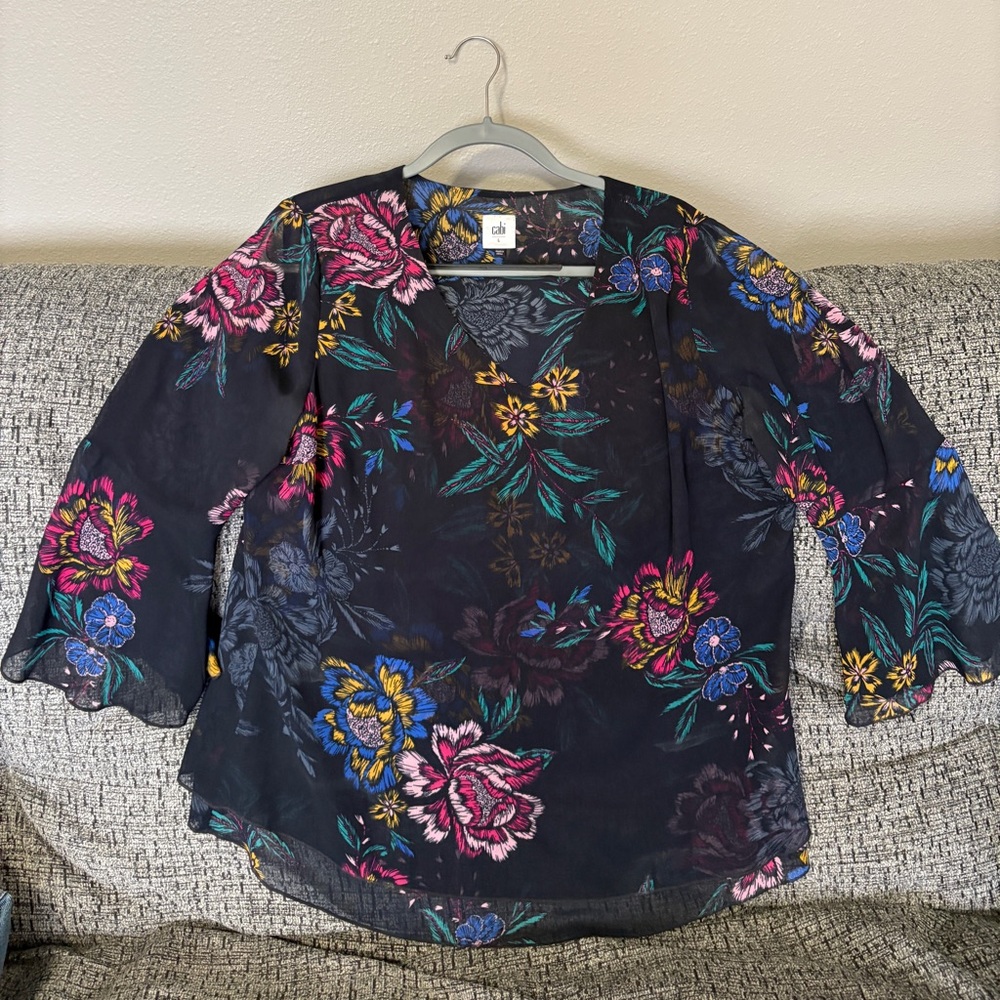 CAbi Black Graphic 3/4 Sleeve Blouse